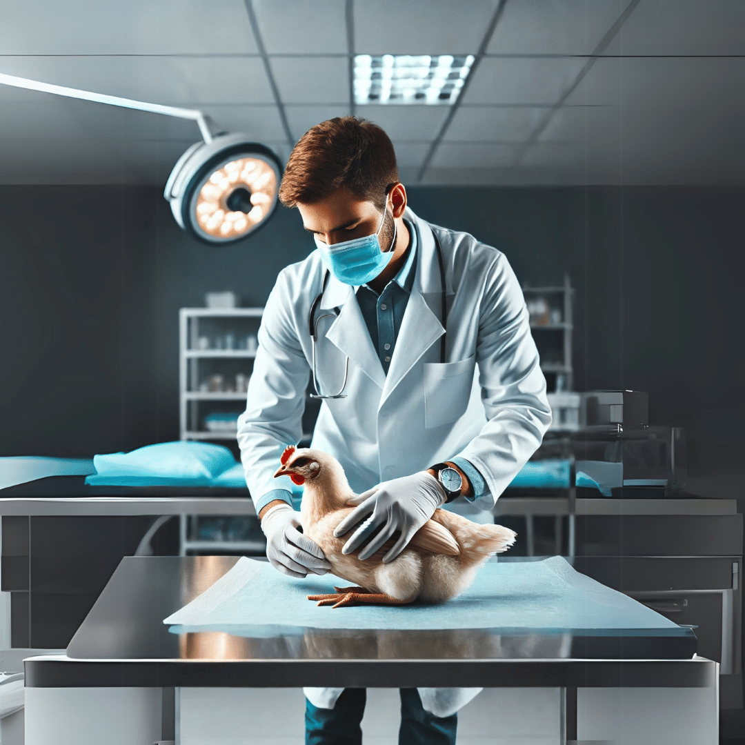 Veterinarian in lab coat examining a chicken on an examination table in a clinical setting, with medical equipment in the background, highlighting animal health and safety procedures.